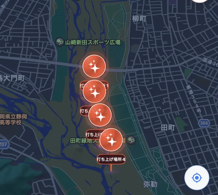 安倍川花火大会の4か所の打ち上げ場所を示すFlareSpotアプリの地図