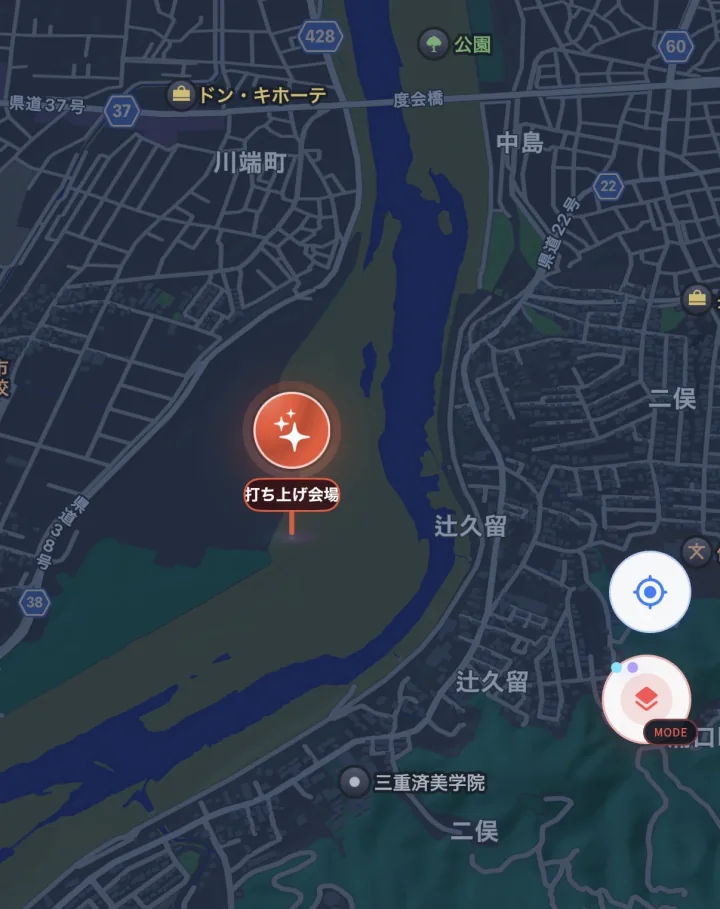 神宮奉納全国花火大会の打ち上げ会場を示すFlareSpotアプリの地図