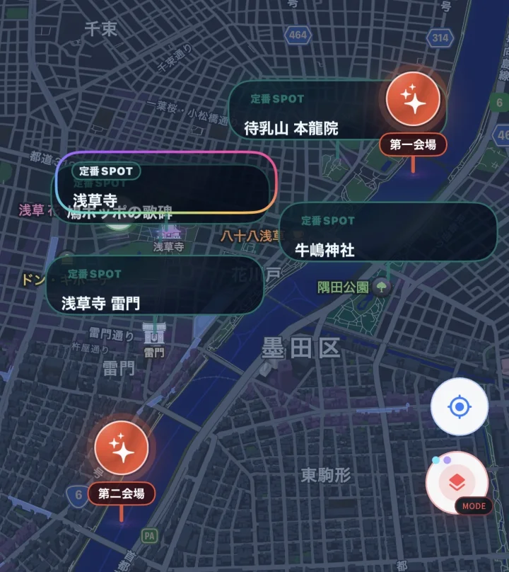 隅田川花火大会の第一会場と第二会場を示すFlareSpotアプリの地図