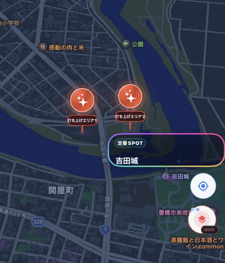 豊橋祇園祭花火大会の2か所の打ち上げエリアを示すFlareSpotアプリの地図