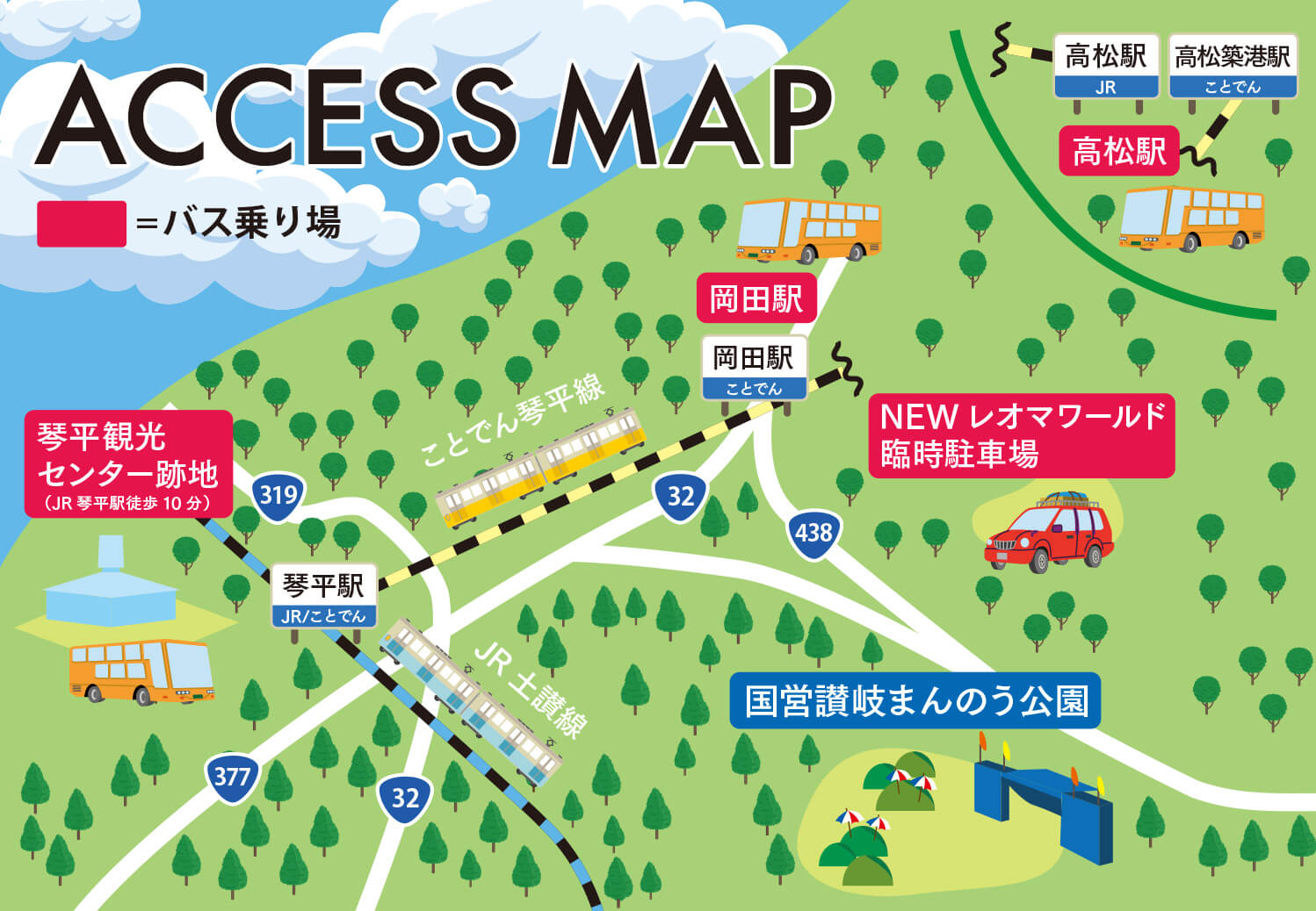 MONSTER baSH 2026公式アクセスマップ。高松駅、琴平、岡田駅、岡山駅、NEWレオマワールド隣接臨時駐車場から国営讃岐まんのう公園へ向かう経路を示す。
