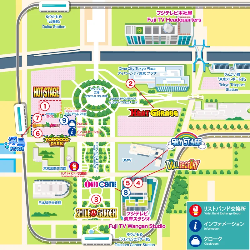 TOKYO IDOL FESTIVAL 2026公式会場図。青海臨時駐車場、DiverCity、湾岸スタジオ周辺のステージ位置を表示。