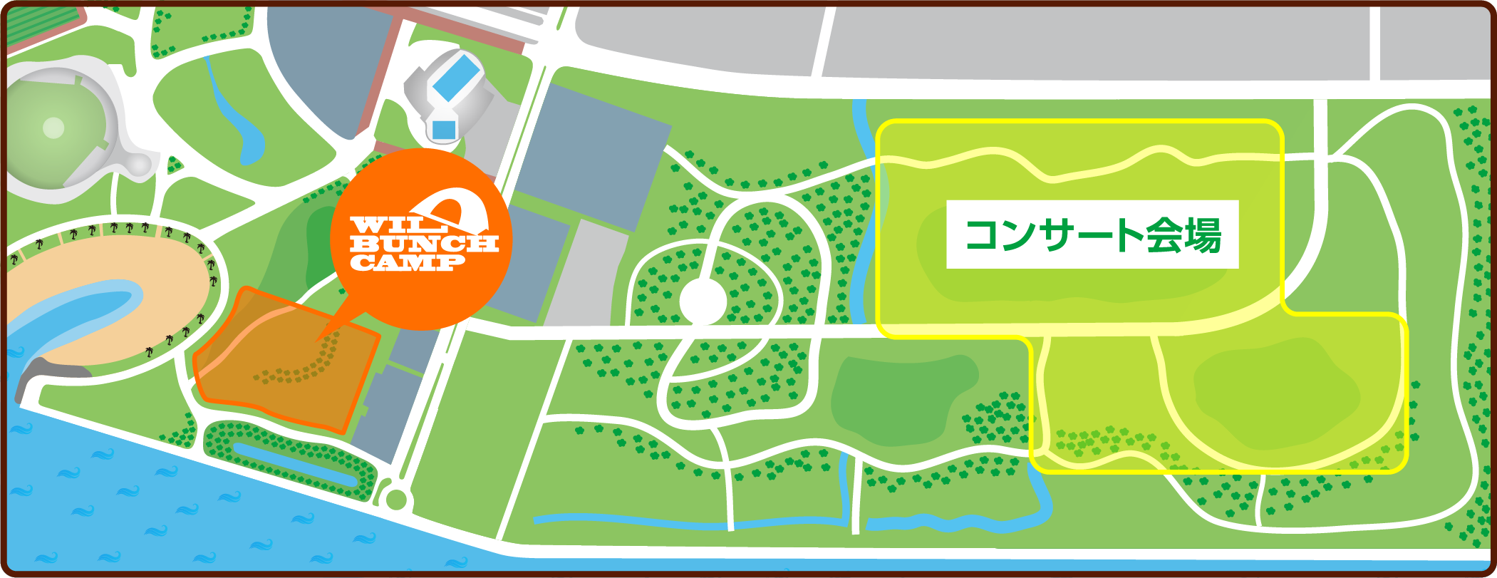 WILD BUNCH CAMP 2026公式MAP。山口きらら博記念公園内のキャンプサイト、キャンプ専用駐車場とコンサート会場の位置関係を示す。